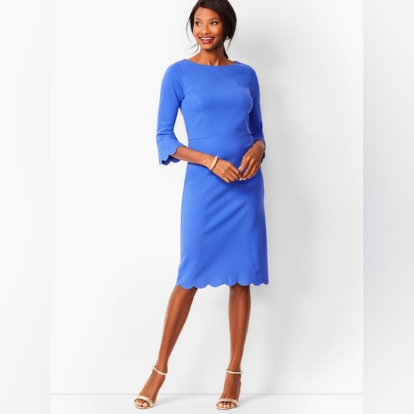 Talbots Dresses & Skirts - TALBOTS SCALLOP-EDGE PONTE SHEATH DRESS Blue curvy size 6 midi 3/4 sleeve